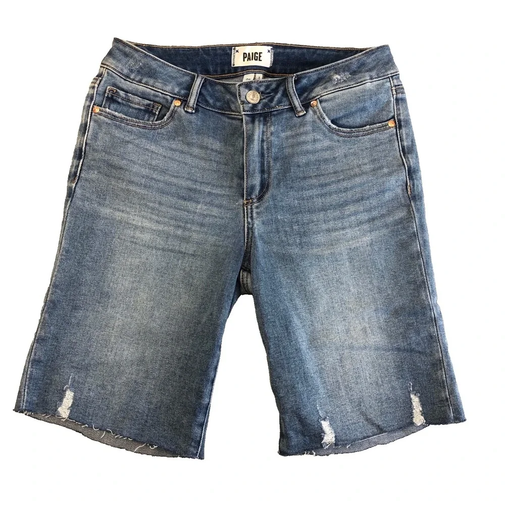 Paige Jax Knee Shorts Womens 26 2 Blue Denim Stretch Distressed Mid Rise‎